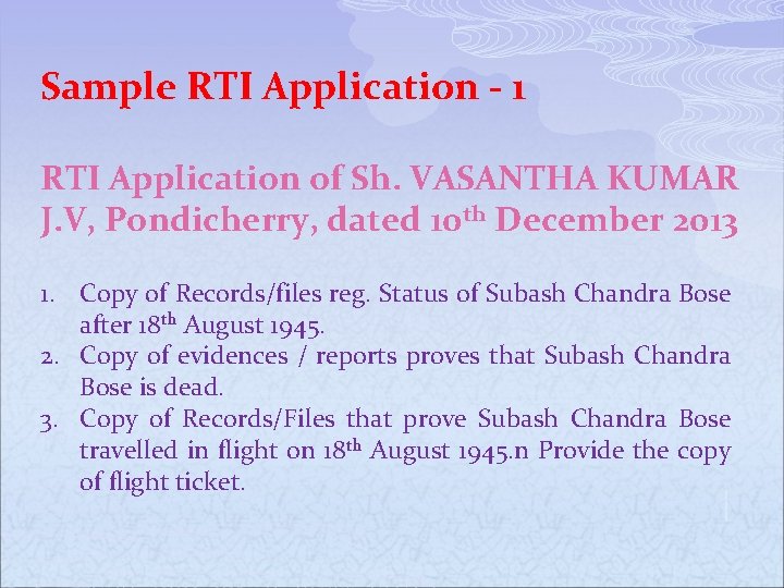 Sample RTI Application - 1 RTI Application of Sh. VASANTHA KUMAR J. V, Pondicherry,