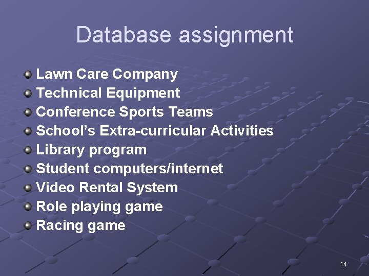 Database assignment Lawn Care Company Technical Equipment Conference Sports Teams School’s Extra-curricular Activities Library