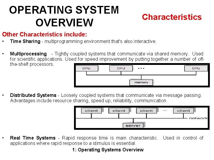 OPERATING SYSTEM OVERVIEW Characteristics Other Characteristics include: • Time Sharing - multiprogramming environment that's