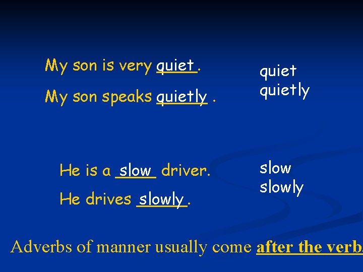 My son is very quiet ____. My son speaks quietly _____. He is a