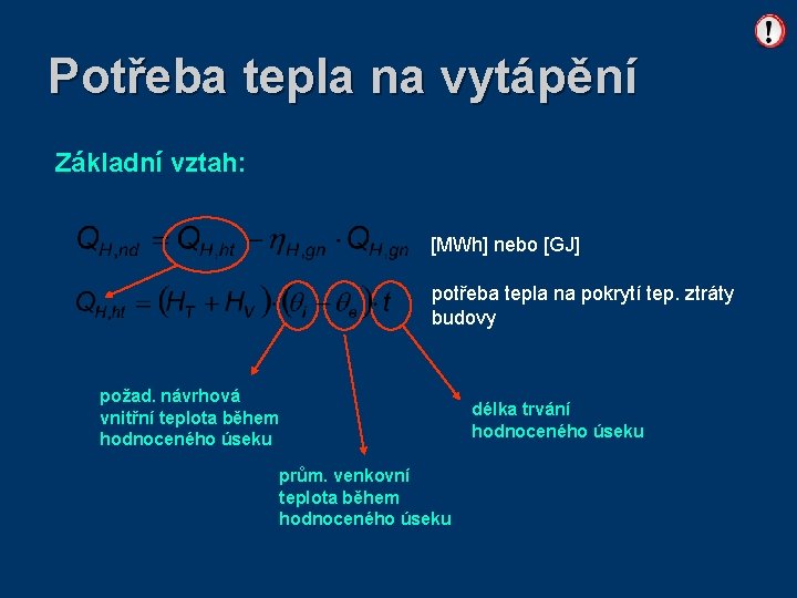 Potřeba tepla na vytápění Základní vztah: [MWh] nebo [GJ] potřeba tepla na pokrytí tep.