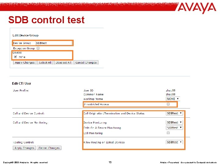 SDB control test Copyright© 2003 Avaya Inc. All rights reserved 13 Avaya – Proprietary