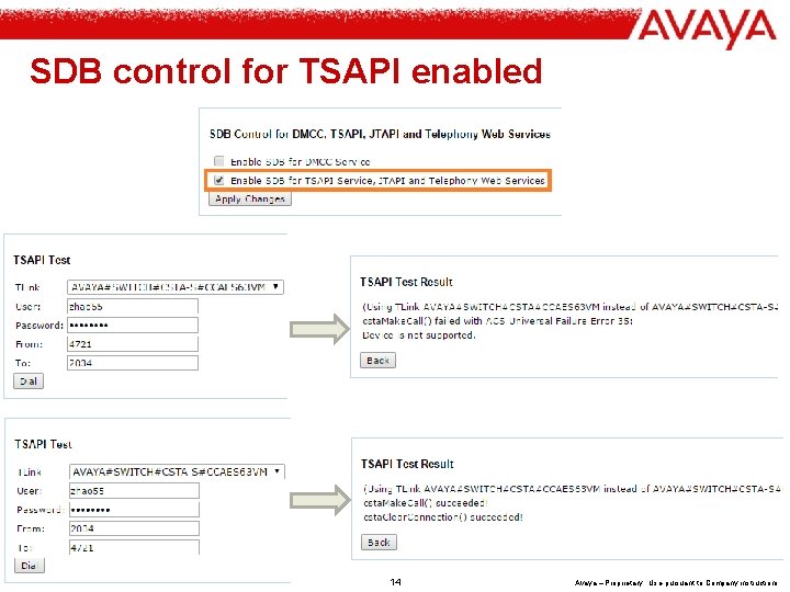 SDB control for TSAPI enabled Copyright© 2003 Avaya Inc. All rights reserved 14 Avaya