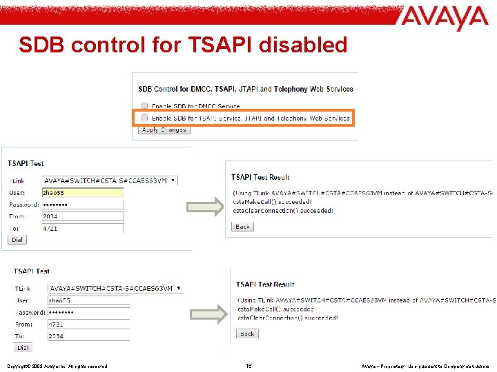 SDB control for TSAPI disabled Copyright© 2003 Avaya Inc. All rights reserved 15 Avaya