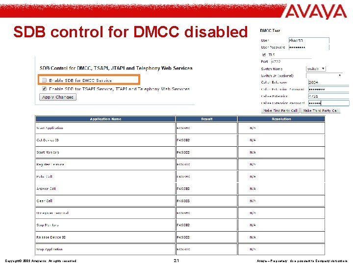 SDB control for DMCC disabled Copyright© 2003 Avaya Inc. All rights reserved 21 Avaya