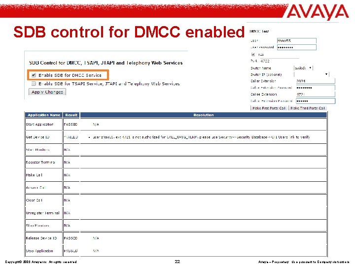 SDB control for DMCC enabled Copyright© 2003 Avaya Inc. All rights reserved 22 Avaya