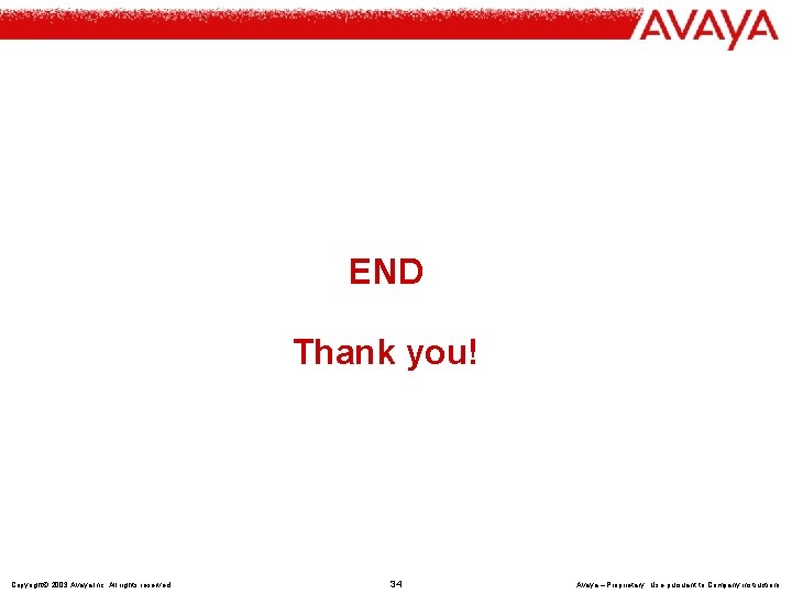 END Thank you! Copyright© 2003 Avaya Inc. All rights reserved 34 Avaya – Proprietary