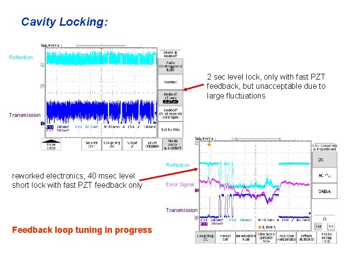 Cavity Locking: Reflection 2 sec level lock, only with fast PZT feedback, but unacceptable