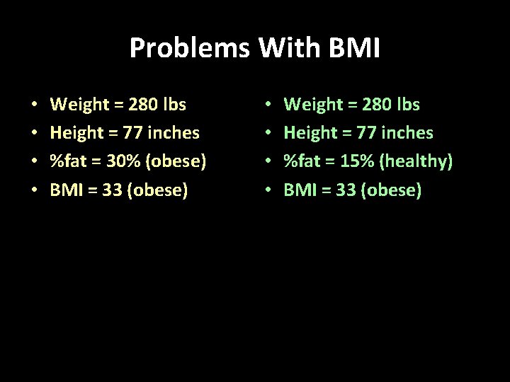 Problems With BMI • • Weight = 280 lbs Height = 77 inches %fat