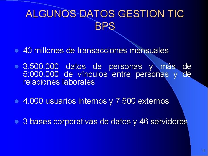 ALGUNOS DATOS GESTION TIC BPS l 40 millones de transacciones mensuales l 3: 500.