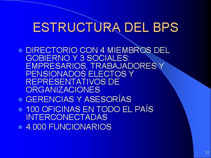 ESTRUCTURA DEL BPS DIRECTORIO CON 4 MIEMBROS DEL GOBIERNO Y 3 SOCIALES: EMPRESARIOS, TRABAJADORES