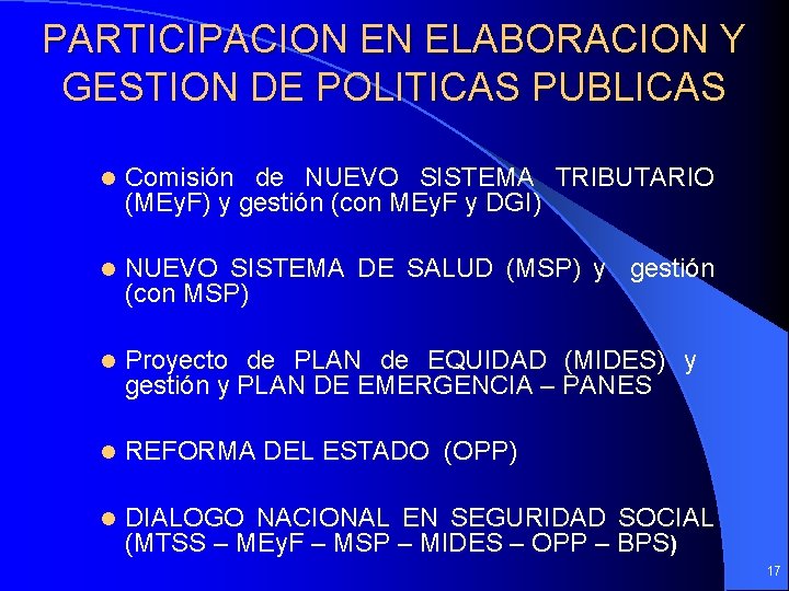 PARTICIPACION EN ELABORACION Y GESTION DE POLITICAS PUBLICAS l Comisión de NUEVO SISTEMA TRIBUTARIO