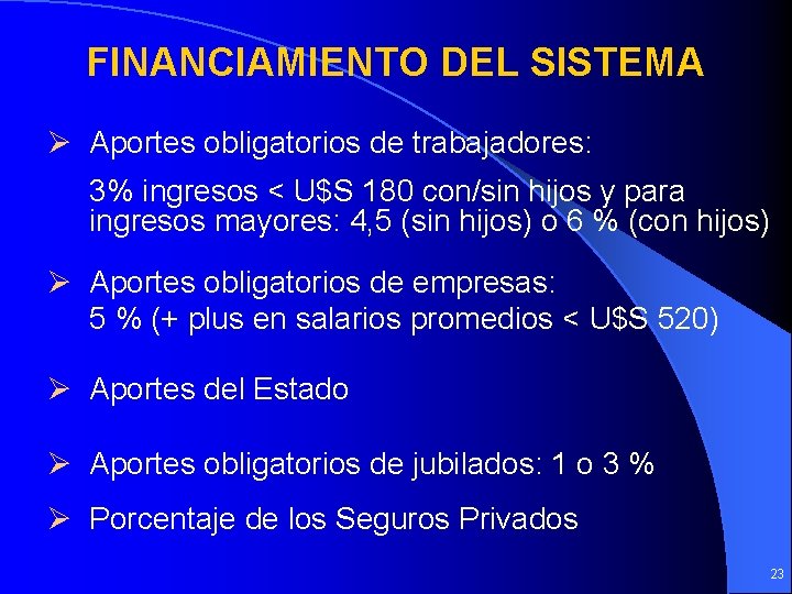 FINANCIAMIENTO DEL SISTEMA Ø Aportes obligatorios de trabajadores: 3% ingresos < U$S 180 con/sin