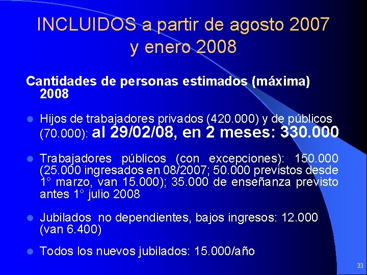 INCLUIDOS a partir de agosto 2007 y enero 2008 Cantidades de personas estimados (máxima)