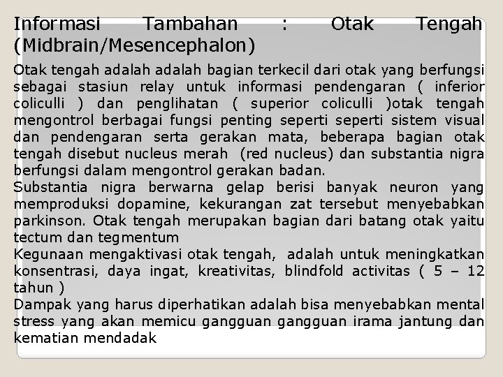 Informasi Tambahan (Midbrain/Mesencephalon) : Otak Tengah Otak tengah adalah bagian terkecil dari otak yang