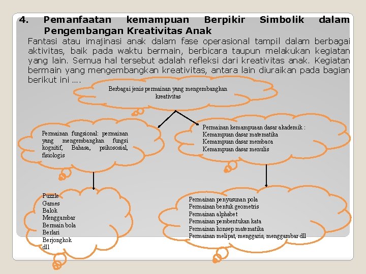 4. Pemanfaatan kemampuan Berpikir Pengembangan Kreativitas Anak Simbolik dalam Fantasi atau imajinasi anak dalam