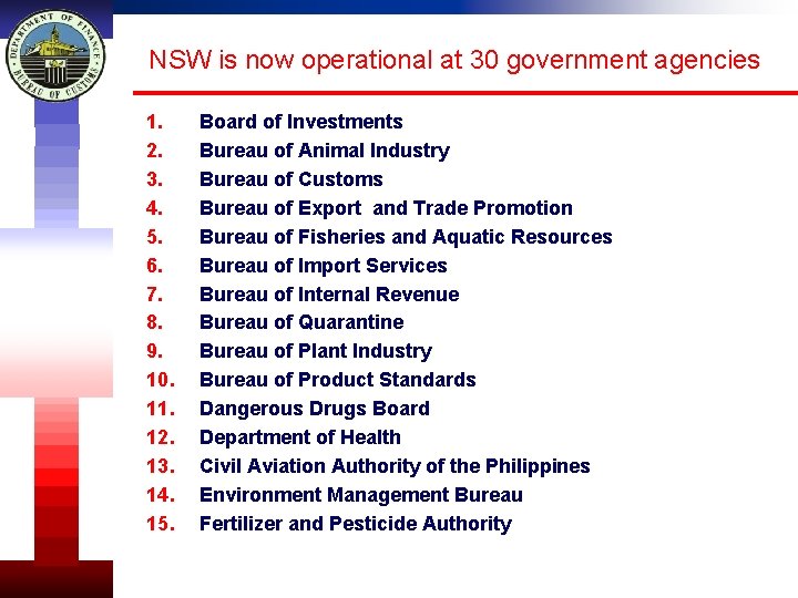 NSW is now operational at 30 government agencies 1. 2. 3. 4. 5. 6.