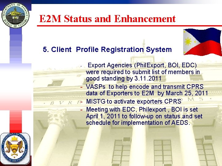 E 2 M Status and Enhancement 5. Client Profile Registration System Export Agencies (Phil.