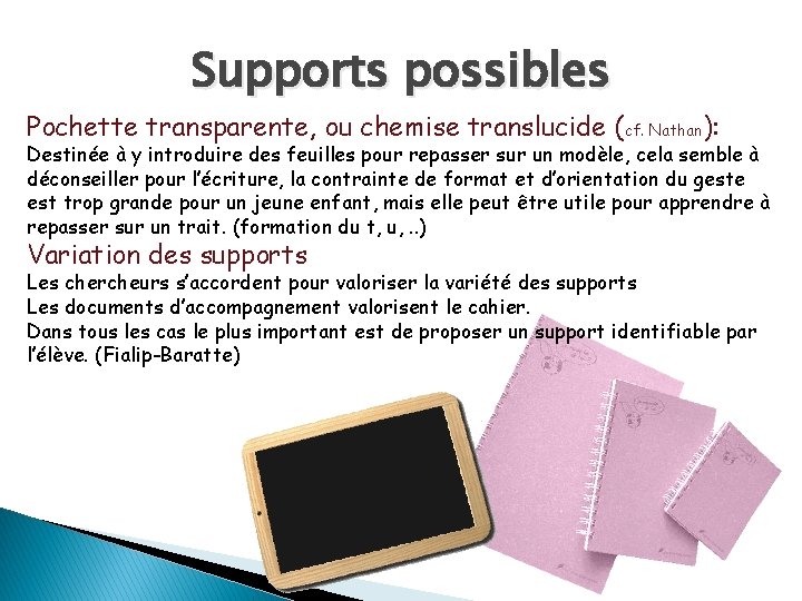 Supports possibles Pochette transparente, ou chemise translucide (cf. Nathan): Destinée à y introduire des