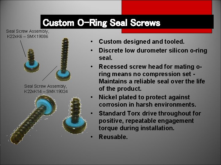 Custom O-Ring Seal Screws Seal Screw Assembly, K 22 x. K 6 – SMX