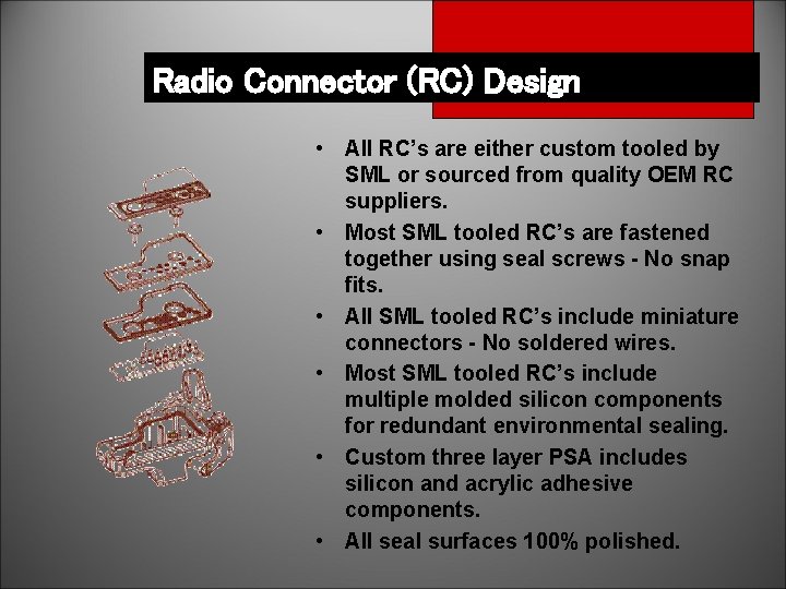 Radio Connector (RC) Design • All RC’s are either custom tooled by SML or