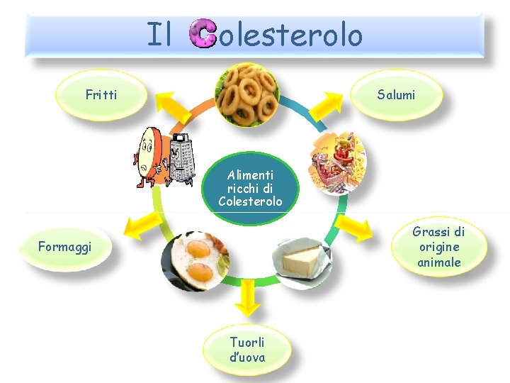 Il olesterolo Fritti Salumi Alimenti ricchi di Colesterolo Grassi di origine animale Formaggi Tuorli