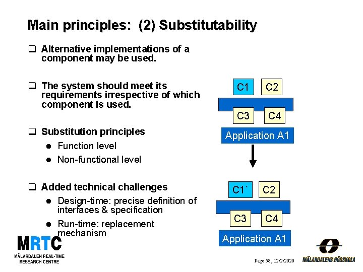 Main principles: (2) Substitutability q Alternative implementations of a component may be used. q