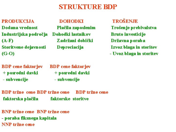 STRUKTURE BDP PRODUKCIJA DOHODKI Dodana vrednost Plačila zaposlenim Industrijska področja Dohodki lastnikov (A-F) Zadržani