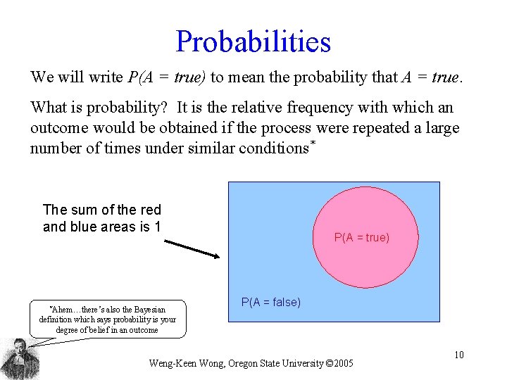 Probabilities We will write P(A = true) to mean the probability that A =