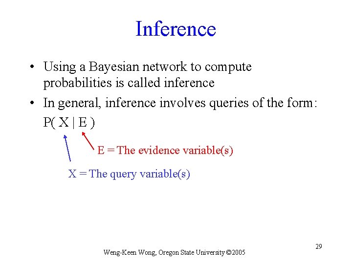 Inference • Using a Bayesian network to compute probabilities is called inference • In