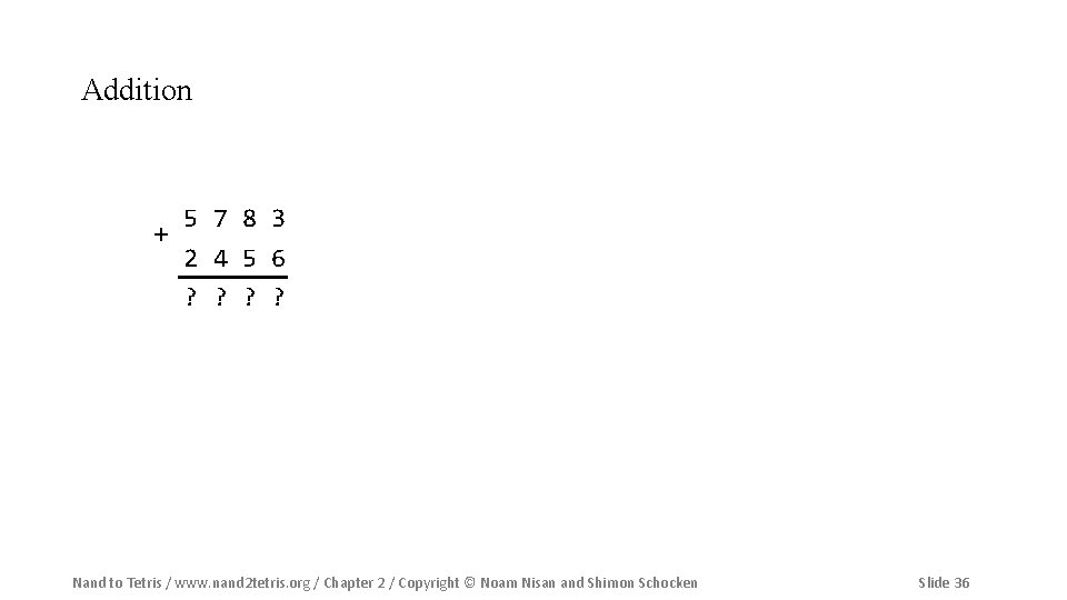 Addition 5 7 8 3 + 2 4 5 6 ? ? Nand to