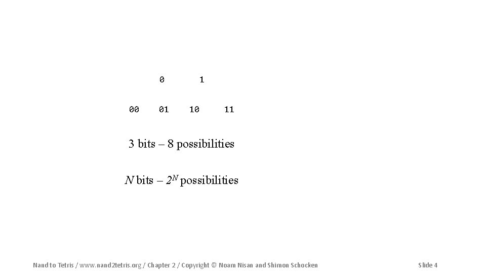 0 00 01 1 10 11 3 bits – 8 possibilities N bits –