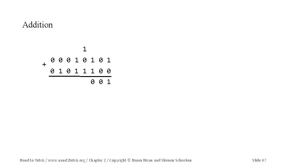 Addition 1 0 0 0 1 0 1 + 0 1 1 1 0