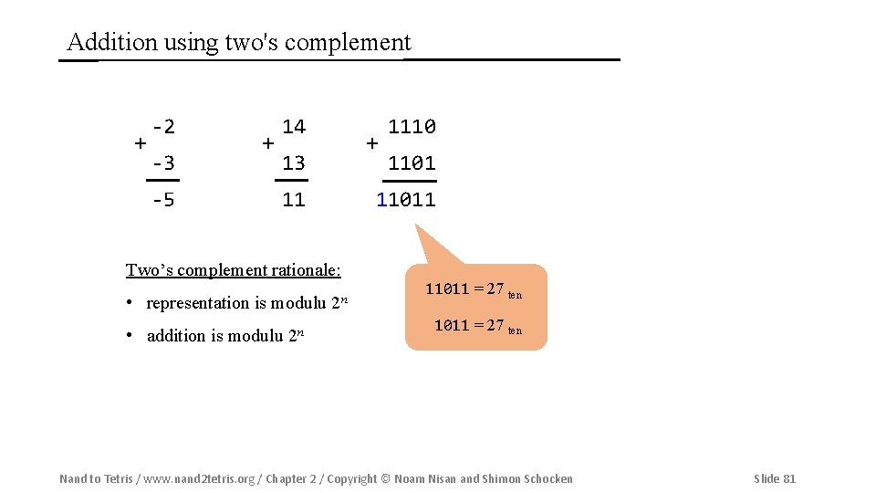 Addition using two's complement + -2 -3 -5 + 14 + 13 11 •