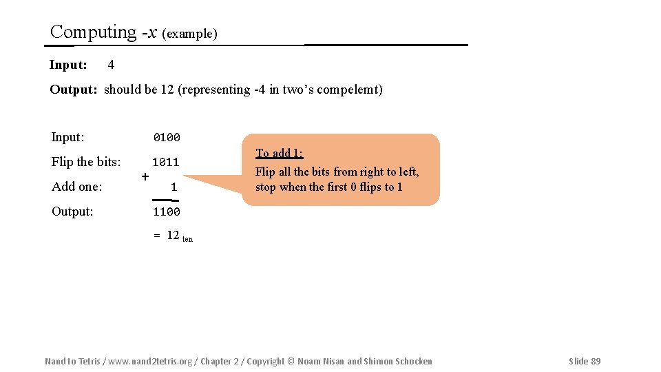 Computing -x (example) Input: 4 Output: should be 12 (representing -4 in two’s compelemt)