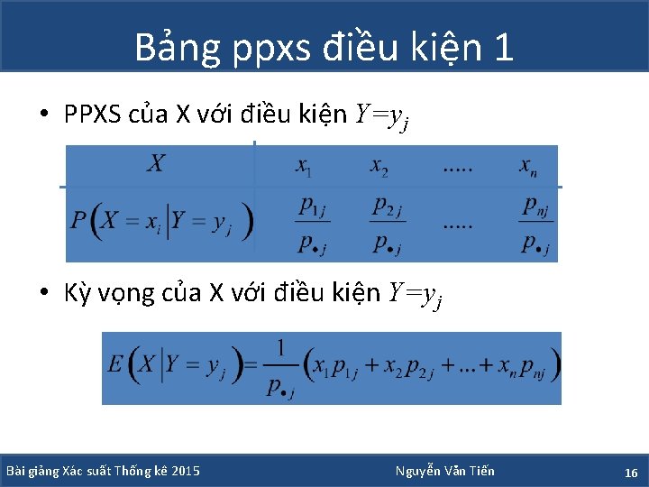 Bảng ppxs điều kiện 1 • PPXS của X với điều kiện Y=yj •