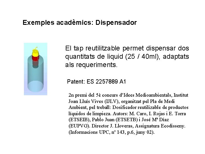 Exemples acadèmics: Dispensador El tap reutilitzable permet dispensar dos quantitats de liquid (25 /