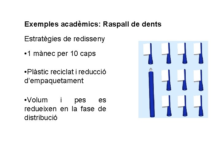 Exemples acadèmics: Raspall de dents Estratègies de redisseny • 1 mànec per 10 caps