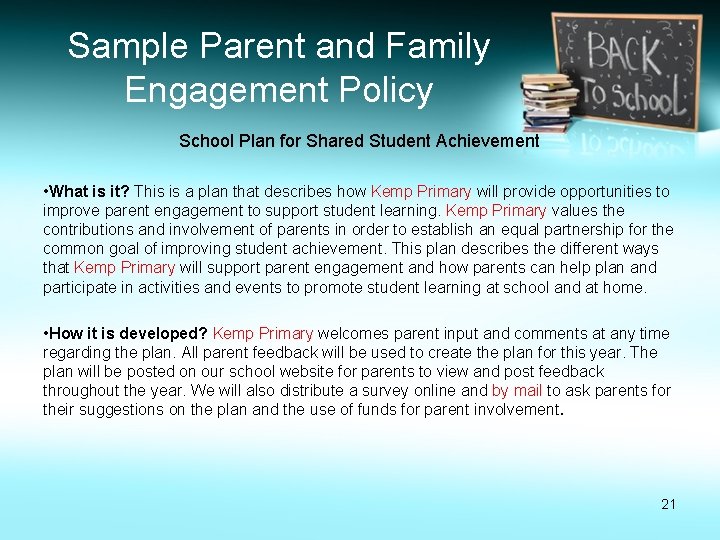 Sample Parent and Family Engagement Policy School Plan for Shared Student Achievement • What