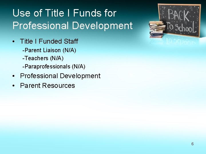 Use of Title I Funds for Professional Development • Title I Funded Staff -Parent