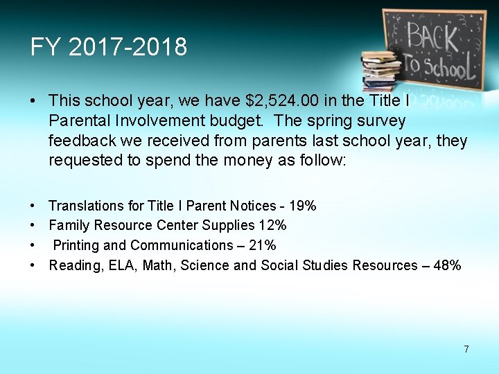 FY 2017 -2018 • This school year, we have $2, 524. 00 in the