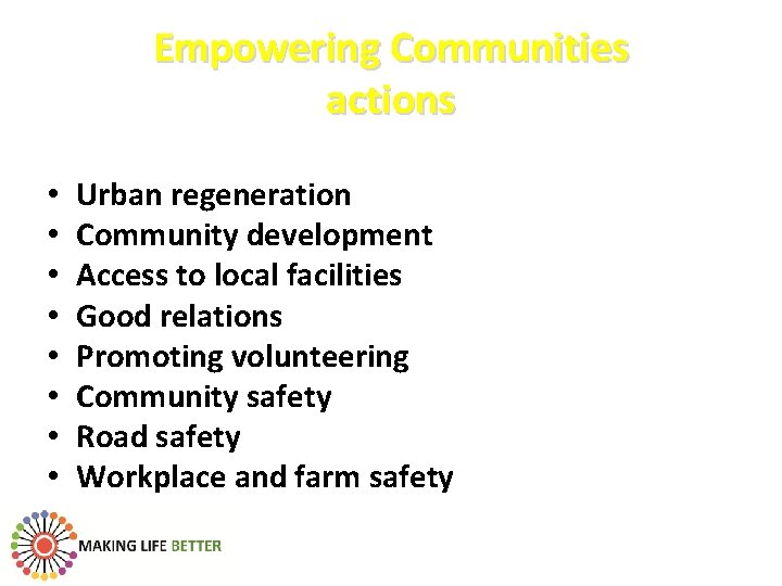 Empowering Communities actions • • Urban regeneration Community development Access to local facilities Good