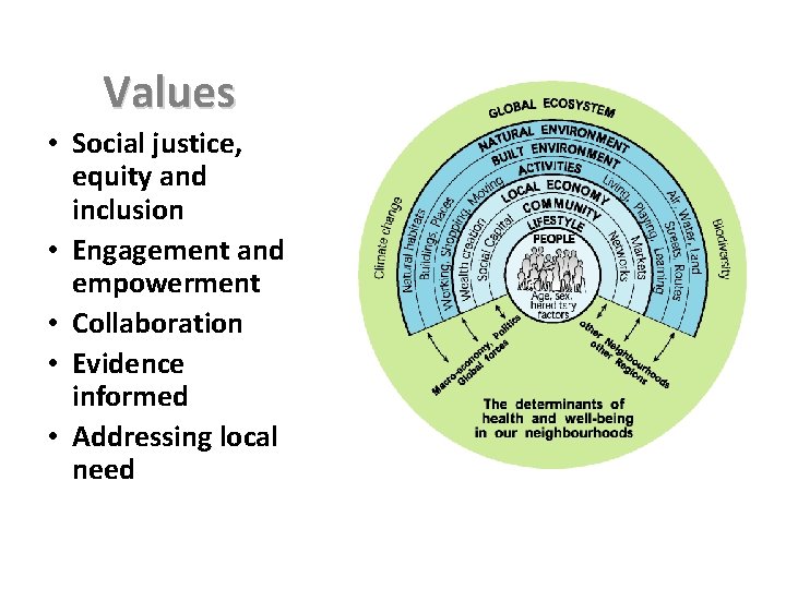 Values • Social justice, equity and inclusion • Engagement and empowerment • Collaboration •