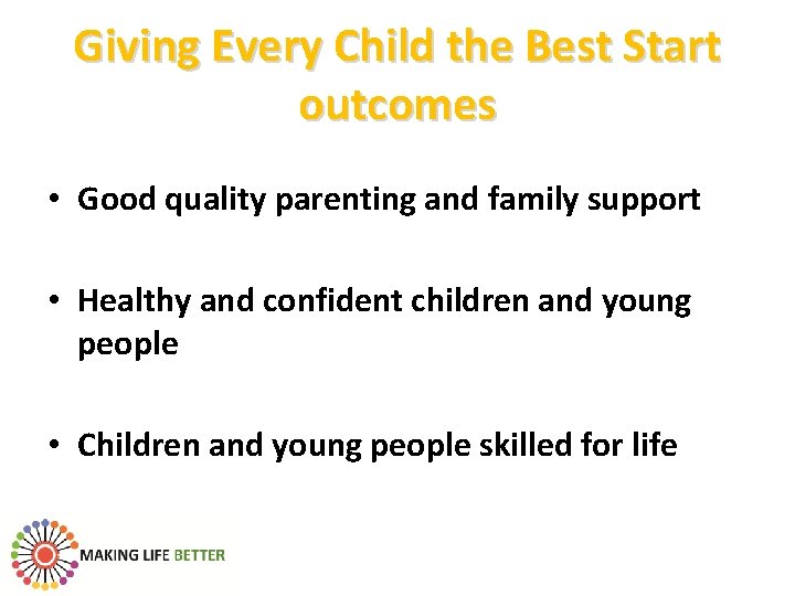 Giving Every Child the Best Start outcomes • Good quality parenting and family support