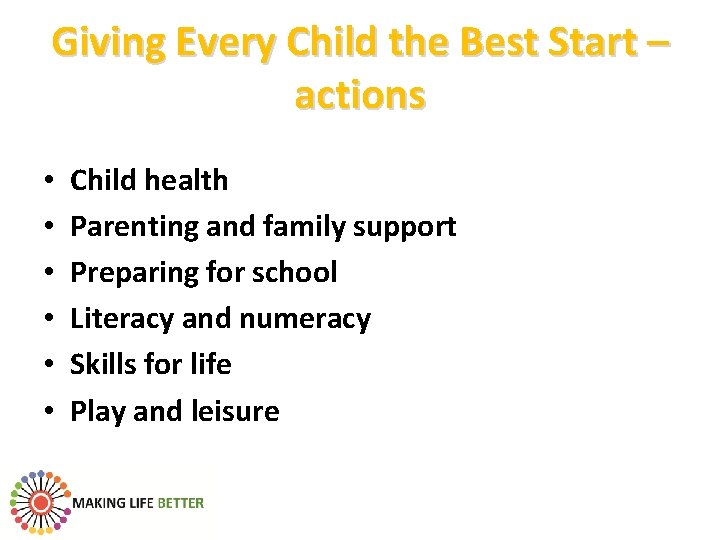 Giving Every Child the Best Start – actions • • • Child health Parenting