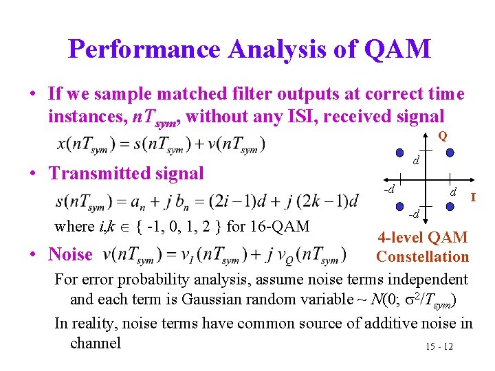 Performance Analysis of QAM • If we sample matched filter outputs at correct time
