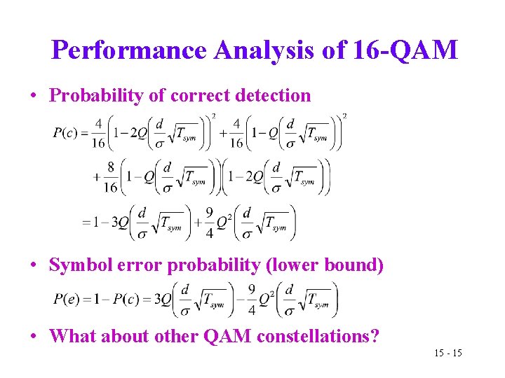 Performance Analysis of 16 -QAM • Probability of correct detection • Symbol error probability