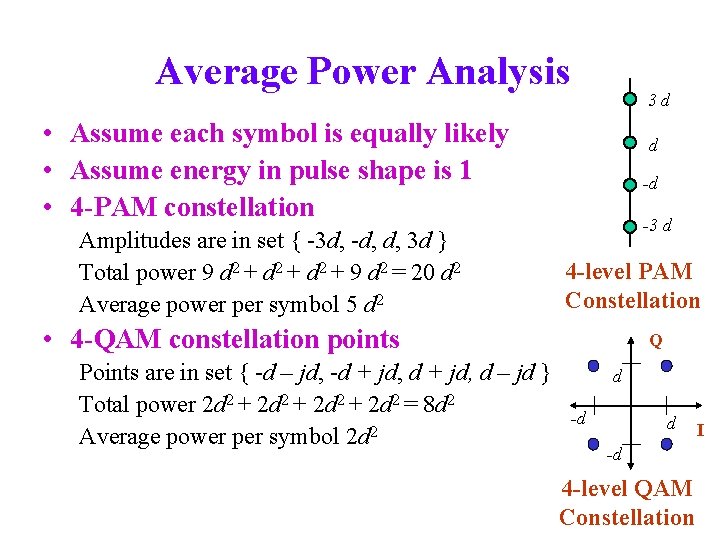 Average Power Analysis 3 d • Assume each symbol is equally likely • Assume