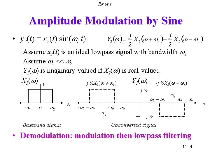 Review Amplitude Modulation by Sine • y 2(t) = x 2(t) sin(wc t) Assume