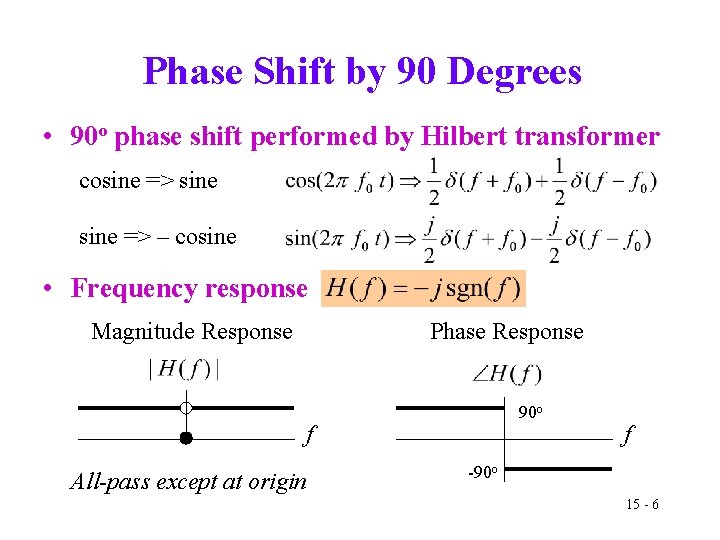 Phase Shift by 90 Degrees • 90 o phase shift performed by Hilbert transformer